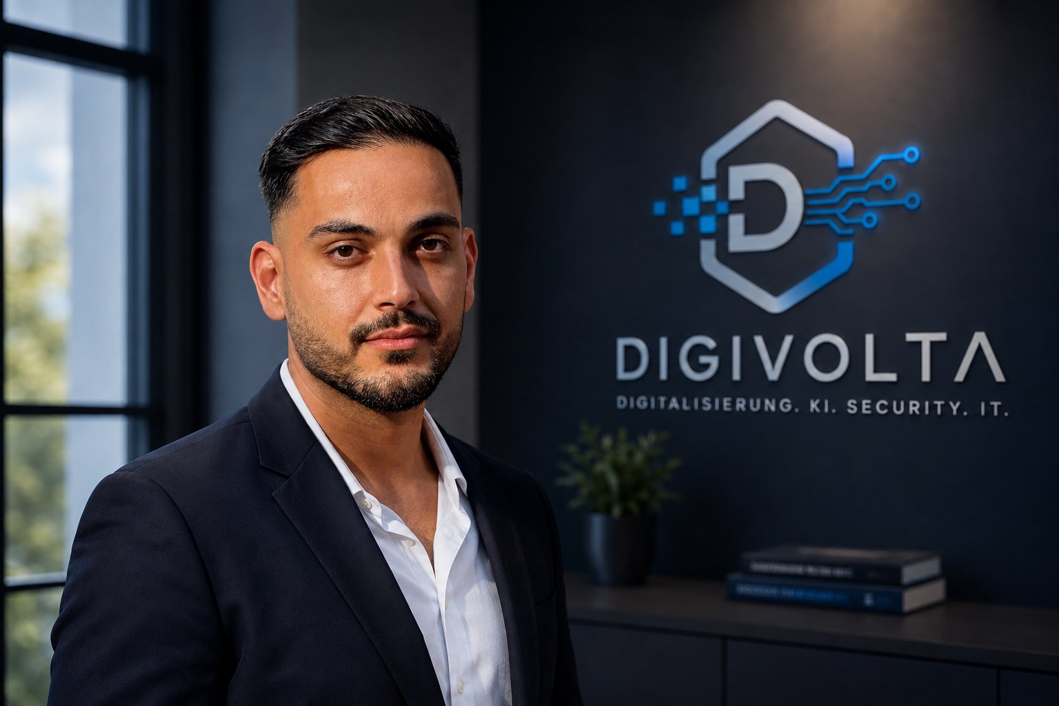Erkan Inceoglu, Gründer von Digivolta, vor dem Firmenlogo